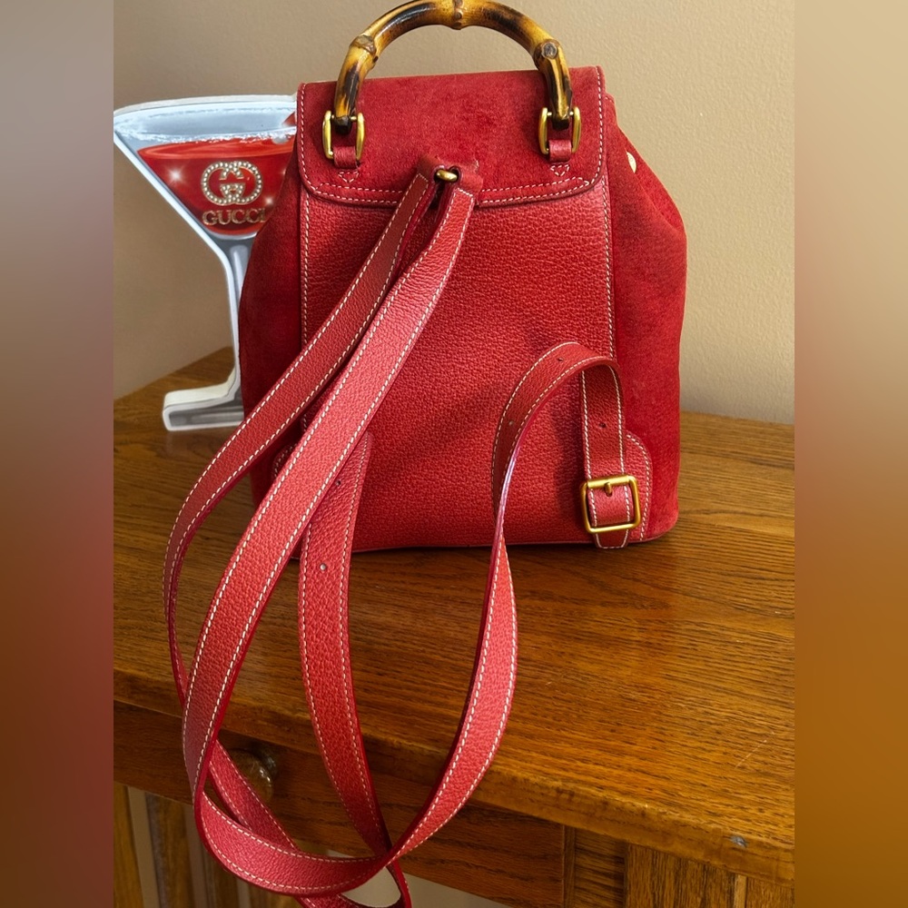 GUCCI BAMBOO (MINI) BACKPACK RED SUEDE LEATHER. 
NEWLY CLEANED AND CONDITIONED - Picture 4 of 16